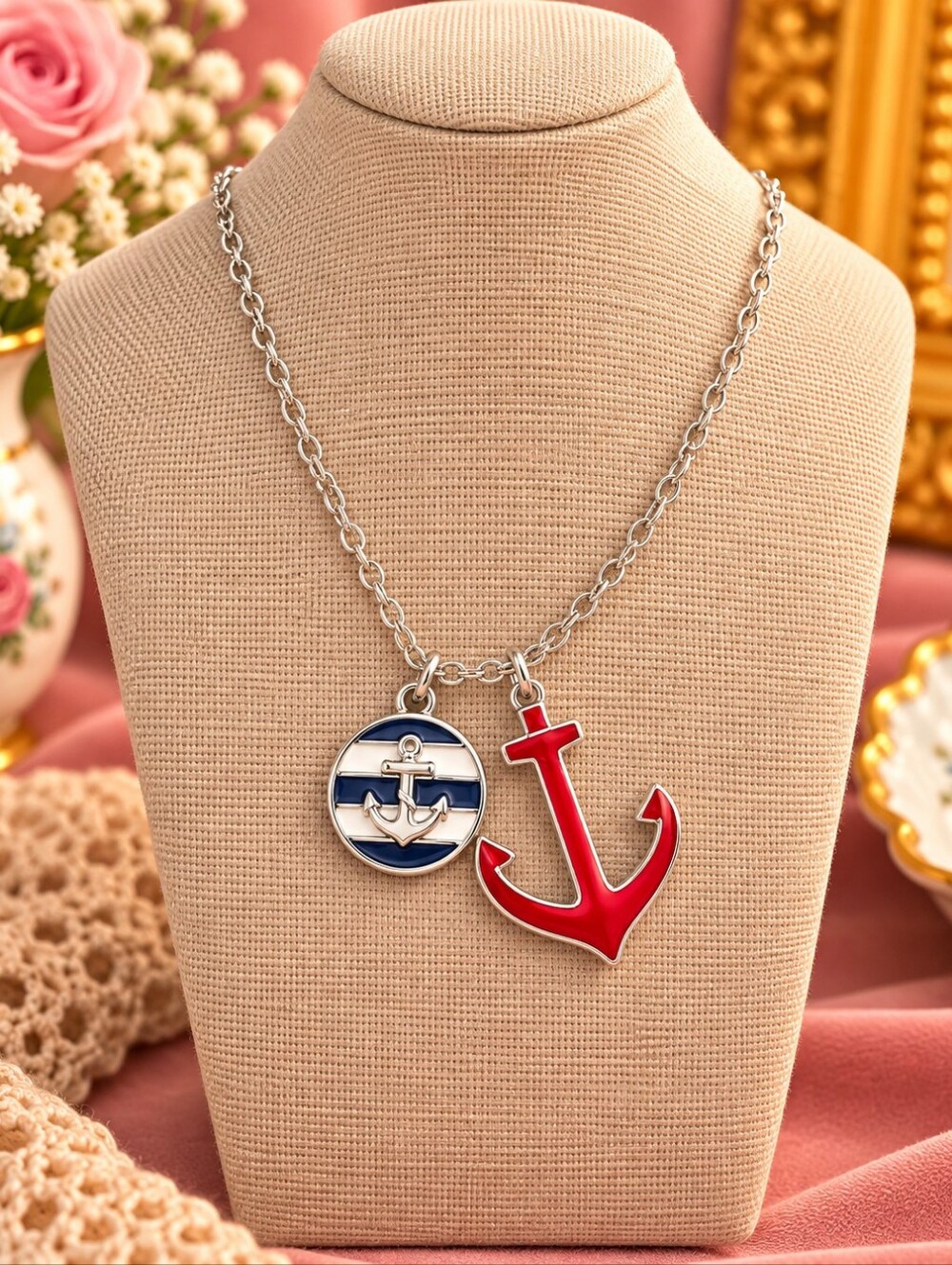 Plunder Red Anchor and Blue Charm Kids Necklace